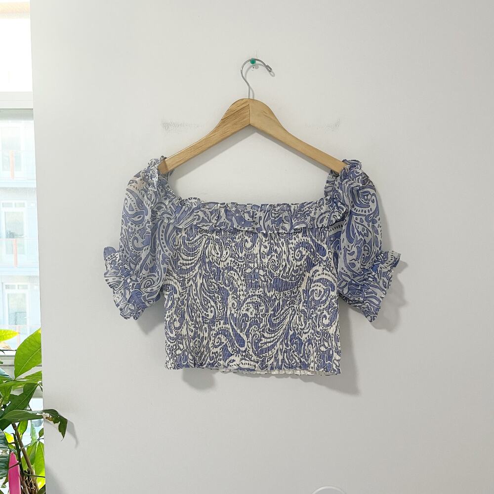 Express Blue Paisley Print Smocked Crop Top Size Small